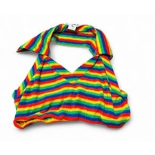 Vintage 70s 80s Sears JR Bazaar Rainbow Striped Terry Cloth Halter Crop Top M picture