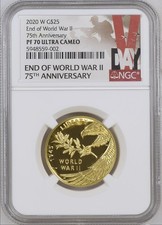2020-W $25 END OF WWII V75 75th ANNIVERSARY 1/2 OZ PROOF GOLD COIN NGC PF70 picture