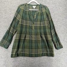 J Jill Top Womens L Green Plaid Tunic V-Neck Casual Boho Cottage Prairie Ranch picture