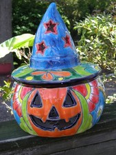 Talavera Mexican POTTERY Blue Orange Jack-O-Lantern PUMPKIN Halloween 13