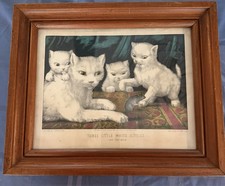 Currier & Ives Three Little White Kitties-Their First Mouse 1871 Framed 17 X 14 picture
