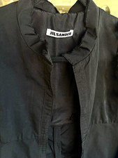 Jil Sander Black Satin Ruffle Lined Collared Button Knee Dress Size 36 picture