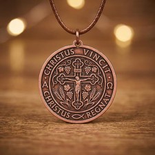 Pure Copper Christian Christus Vincit Crucifix Necklace - Handmade Boho Gift picture