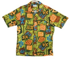 Tohki Hawaii Vintage 1960s Barkcloth Hawaiian Shirt Atomic Tiki Tribal Men's S/M picture