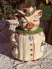 Vtg Ceramic Shawnee Winnie Winking Pig Cookie Jar Hand Painted Green Collar picture
