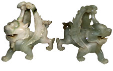 Lot 2 Vintage Chinese Carved Stone Foo Dog Wings Dragon Kirin / Qilin Figurines picture