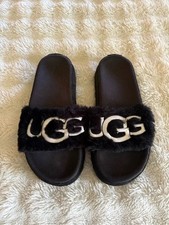 UGG Black Faux-Shearling Logo Slide Sandals picture