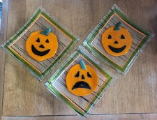 Three Handmade Fused Glass Pumpkin Decorated Plates with Applied Features 7.5