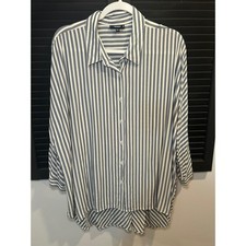 Premise Studio Women 3X Blue White Striped Rayon Button Down High Low Shirt picture