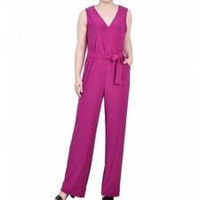 Ny Collection Sleeveless Belted Tie V Neck Purple Jumpsuit Womens Size PXL NWT picture