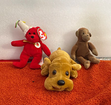 Ty Teenie Beanie Babies Plush Lot of 3 w/ Tags Red Bear Monkey Yellow Dog picture