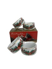 Vtg Poinsettia & Ribbons Porcelain Holiday Napkin Rings Set of 4 New In Box picture