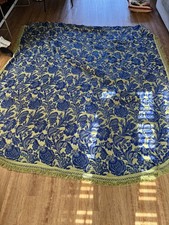 VTG MCM Bates Damask Bedspread Blue Green Fringe Double Size Made in USA 90x102 picture