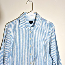 Talbots Linen Button Up Shirt Top Blouse Womens Small Petite Blue White Striped picture