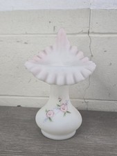 Fenton Frosted White/Pink Meadow Blossoms 1991 Fluted Tulip Ruffled Vase picture