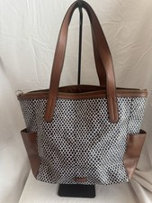 Fossil Blue White Print Brown Leather Trim Zip Top Shoulder Tote Bag picture