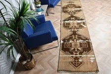 Vintage Turkish Rug, 2,7x11,4 ft Runner Rug, Brown White Moroccan Rug picture