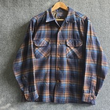 Pendleton Board Shirt Mens L 1960s Wool Blue Plaid Loop Collar USA Made Vintage picture