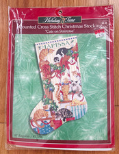 Vtg Bucilla Holiday Time Cats  on Staircase Cross Stitch Stocking Kit #84352  picture