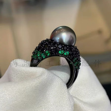 stunning 11-12mm tahitian round black green pearl ring 925s(t) picture