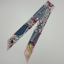 Hermes Twilly Scarf Pink Blue Red Yellow Eclectic Patchwork Graphic Print Ribbon picture