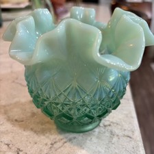 Super RARE Fenton Green Opalescent Cut & Block Vase ☆☆☆☆ picture