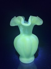 Vintage Fenton Blue Satin Glass Melon Vase with Ruffled Top 6” UV 365 picture