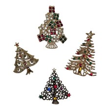 4 Vintage Christmas Tree Brooch Pin Lot 2 SIGNED JJ Jonette Rhinestone Holiday picture