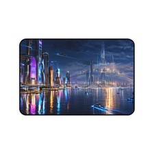 Futuristic Cityscape Desk Mat – Neon Sci‑Fi Gaming Mousepad picture
