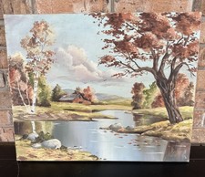 Vintage Original Landscape Painting on Canvas Artist Signed Barn River Trees picture