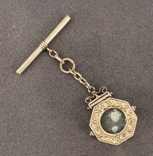 Antique Victorian Octagonal Locket Watch Fob T-Bar Gold Filled Engraved Photo picture