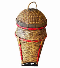 Woven Asian antique Wicker Round Lidded Storage Basket 8x8x20 in picture