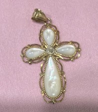 Beautiful Vintage Solid 10K Yellow Gold & Mother-of-Pearl Filigree Cross Pendant picture