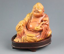 Fine Chinese carved Shoushan stone laughing buddha holding lingzhi 寿山石弥勒佛 2.25“ picture