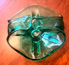 VTG MCM Glass Basket /  Dish EMERALD GREEN Hand Blown Studio Handcrafted picture