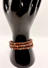 Brown Wood Beaded Three Stackable Stretch Bracelets Set Silver-Tone Spacer Beads picture