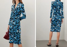 Diane von Furstenberg 4 Sheska Blue Floral Ruched Jersey Midi Dress Button Front picture