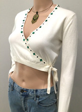 Vintage Y2K ID Entity Cropped Wrap Top Sparkly Rhinestone Pima Cotton XS Sweater picture