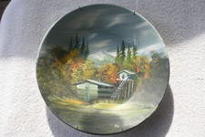 12” Gold Mining Pan Hand Painted Signed Snowy Mountain Cabin Folk Art Vtg picture