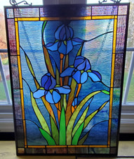 25-inch Antique Vintage Style Iris Stained Glass Window Hanging Suncatcher Panel picture