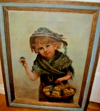 Victorian 1890s Portrait Oil Painting Sweet Girl Flower Basket Blues VTG Frame picture