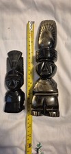 SET OF 2 VINTAGE HAND-CARVED MEXICAN OBSIDIAN STONE STATUE OF AZTEC OR MAYAN GOD picture