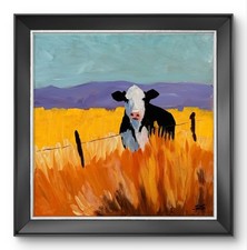 R Stevens Original 12x12 Impressionist Cow In Golden Field Painting Signed Wall picture
