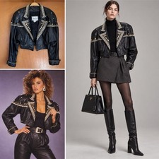 Deadstock VTG 80s Philip Noel Black Leather Bolero Jacket Studded Rhinestone M picture