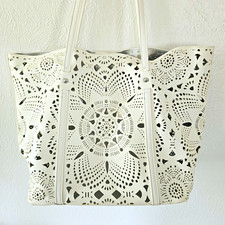 Sondra Roberts Large Off-White perforated cutout floral tote w coin purse, zip picture
