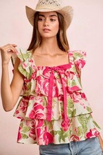 BiBi Floral Print Woven Bow Tie Ruffle Square Neck Top picture