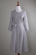 TALBOTS $138 Gray White Striped Belted Cotton Midi A-Line Shirt Dress Size 4 picture