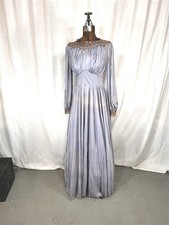 antique dress 1930-40 blue rayon jersey long bridal buttons empire waist bust 36 picture