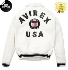 Men Avirex WHITE Real Bomber American Flight Jacket Leather Jacket FAST SHIPPING picture