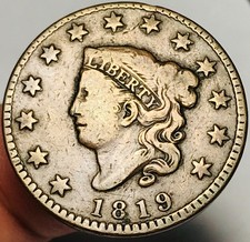 1819 Large Cent Coronet Head 1C Ungraded Choice US Copper Coin CC29264 picture